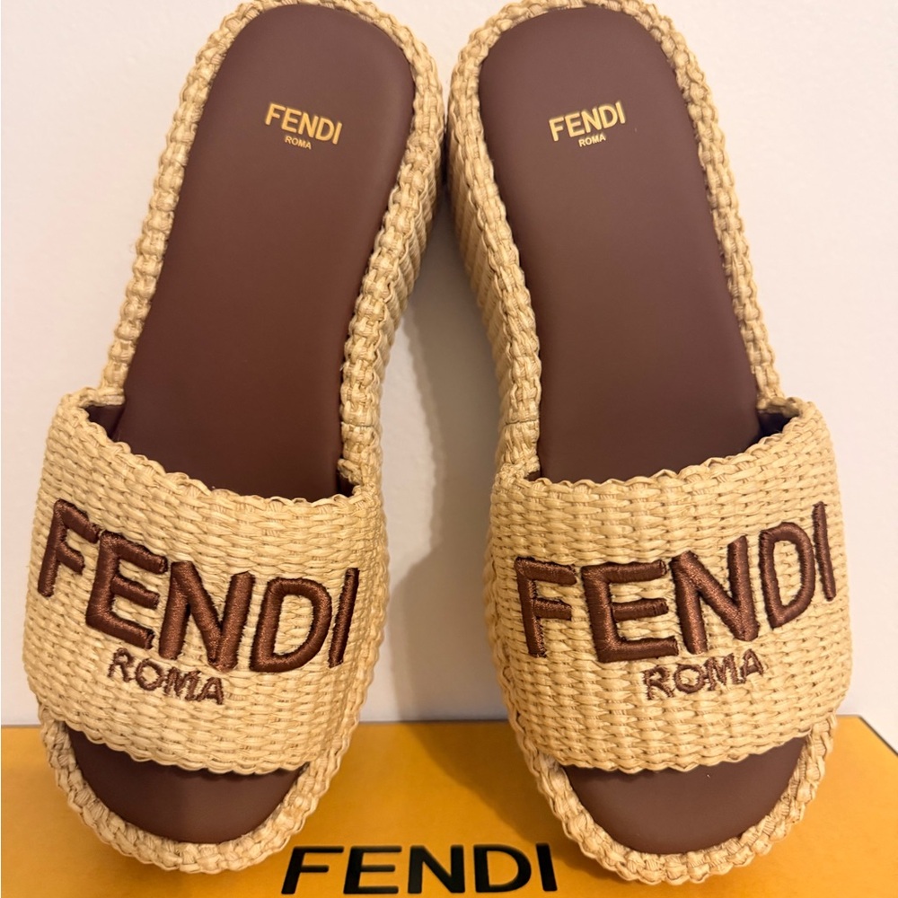NWB FENDI Raffia FF Sunshine Platform Slide Sandals - Picture 10 of 14